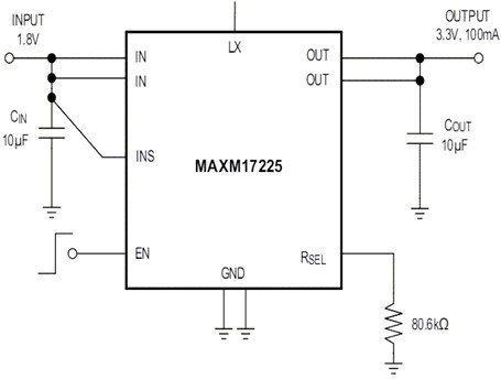 Application Circuit Diagram - Analog Devices / Maxim Integrated MAXM17225 nanoPower Boost Modules
